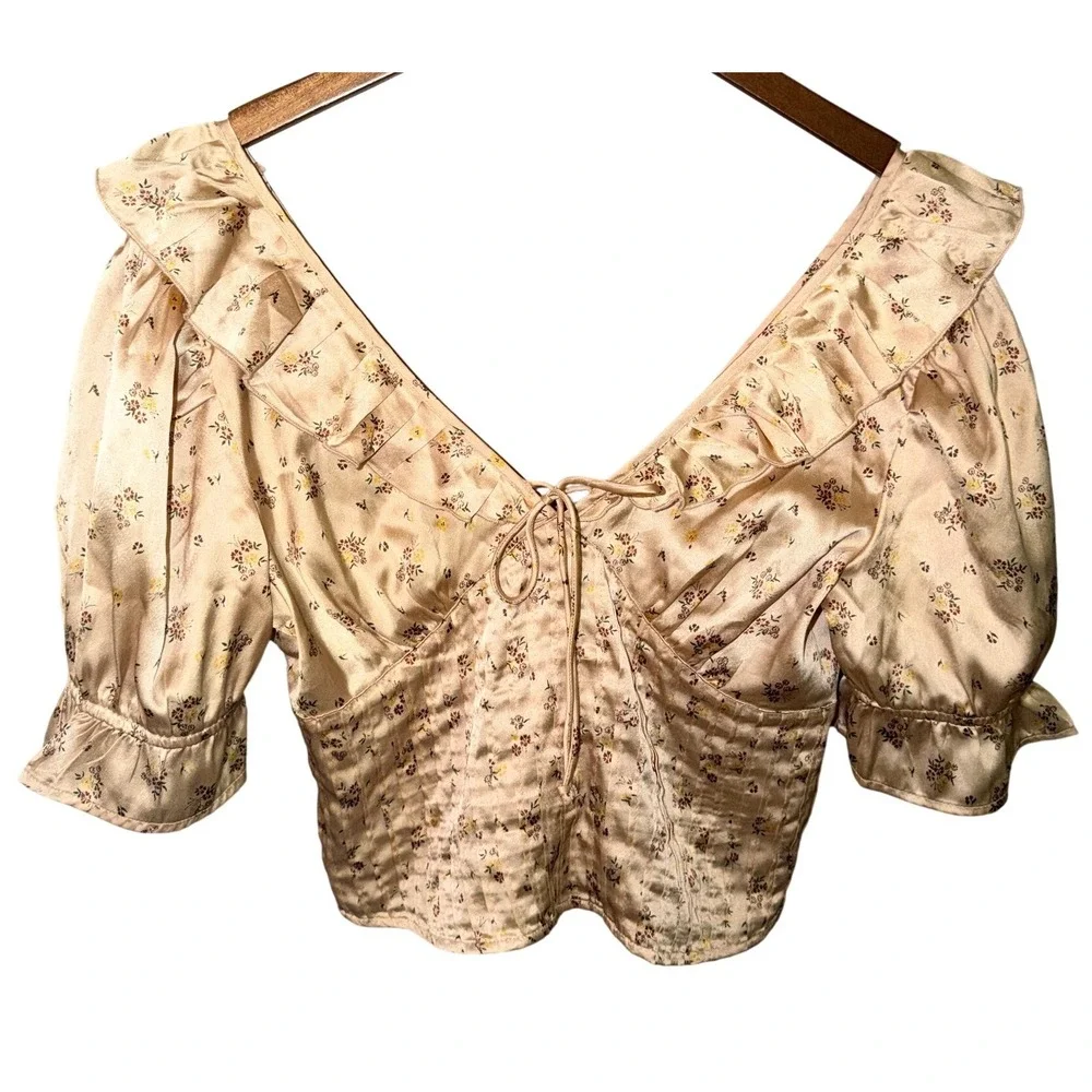 Free People Floral Milkmaid Top Small Satin Puff Sleeve Pintuck Cottagecore Gold